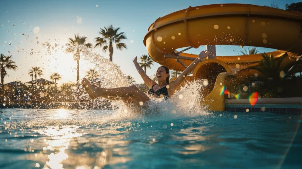 woman splash pool fun sunset wead